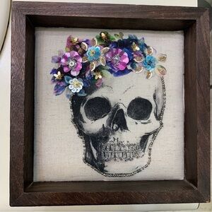 Floral Skull Art in Wooden Frame